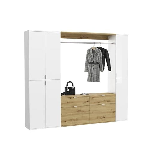 Rootz 3-Piece Wardrobe Combination - Closet System - Wardrobe Set - White Gloss Finish - Artisan Oak - 212cm x 193cm x 34cm