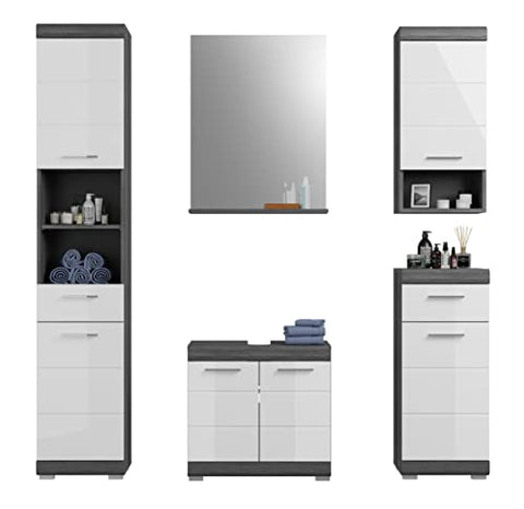 Rootz Bathroom Furniture Set - Wood Material - High-Gloss White Front - Smoke Silver Finish - Modular Design - FSC Certified - 5 Piece Set - Timeless Design - Easy Maintenance