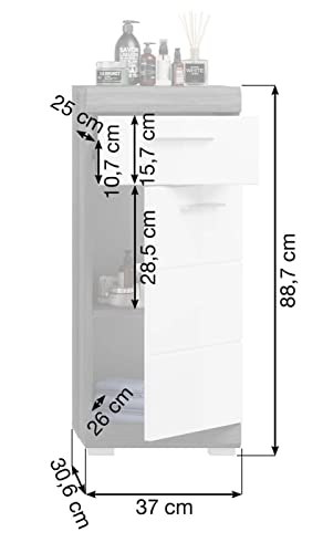 Rootz Bathroom Narrow Chest of Drawers - Wood Material - White High-Gloss Fronts - Smoked Silver Body - Compact - 37 x 88 x 31 cm