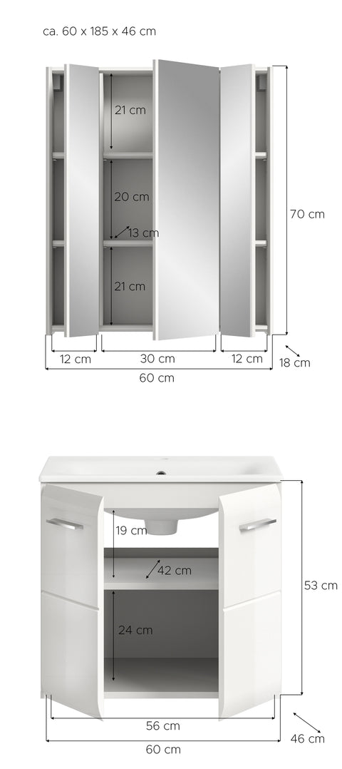 Rootz 3 Piece Bathroom Set - Vanity & Sink - Mirror Cabinet - Space-Saving Design - 60x185x46cm