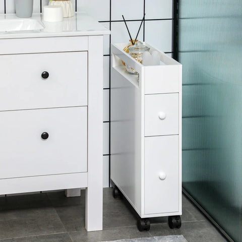 Rootz Bathroom Cabinet - Slim Design - Rolling Cabinet - Two Drawers - Four Wheels - MDF Frame - White - 16L x 49.5W x 66H cm