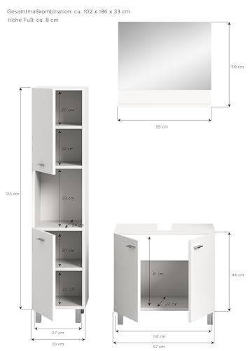 Rootz 3-Piece Set Bathroom Furniture - White Nb - Bathroom Storage - Extensive Storage - 102cm x 186cm x 33cm