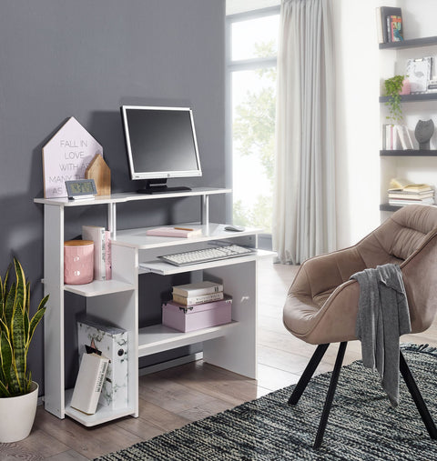 Rootz Modern Computer Desk with PC Shelf - Home Office Desk - Timeless Design - Keyboard Pull-Out - White - 94cm x 90.5cm x 48.5cm - Generous Worktop - Intelligent Storage Options