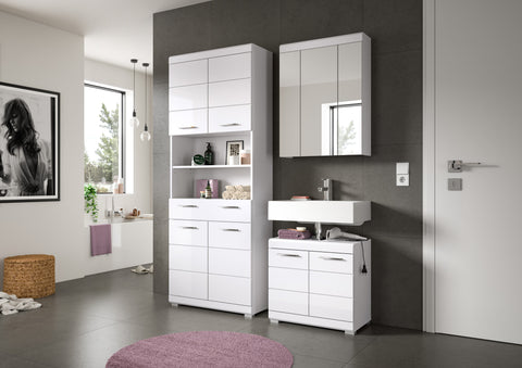 Rootz 3-Piece White Bathroom Set - Tall Cabinet - Vanity Unit - Ample Storage - 149x191x34 cm