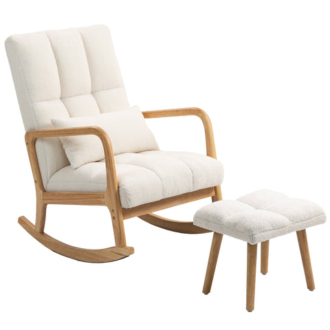 Rootz Rocking Chair with Foot Stool - Glider Chair - Recliner Chair - High Backrest - Wooden Legs - 58Bx56Tx45H cm