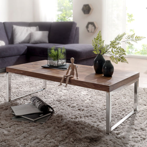 Rootz Solid Wood Coffee Table - Living Room Table - Wooden Table - Sheesham Wood - Elegant Chrome Feet - Unique Wood Grain - Rectangular Shape - 120cm x 40cm x 60cm
