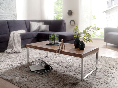 Rootz Solid Wood Coffee Table - Living Room Table - Wooden Table - Sheesham Wood - Elegant Chrome Feet - Unique Wood Grain - Rectangular Shape - 120cm x 40cm x 60cm