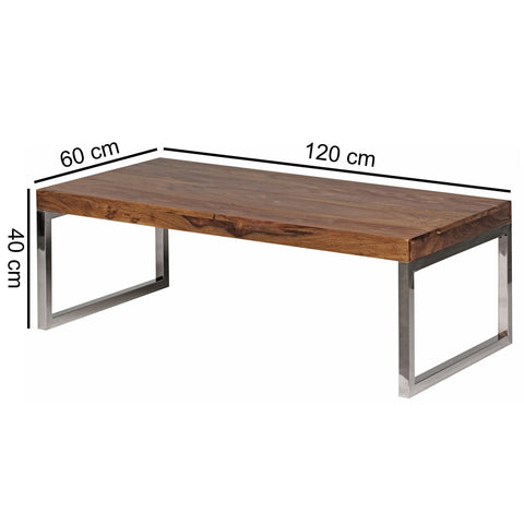 Rootz Solid Wood Coffee Table - Living Room Table - Wooden Table - Sheesham Wood - Elegant Chrome Feet - Unique Wood Grain - Rectangular Shape - 120cm x 40cm x 60cm