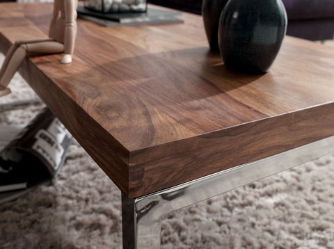 Rootz Solid Wood Coffee Table - Living Room Table - Wooden Table - Sheesham Wood - Elegant Chrome Feet - Unique Wood Grain - Rectangular Shape - 120cm x 40cm x 60cm