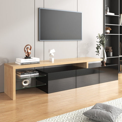 Rootz Elegant TV Cabinet - High Gloss Black - Wood Look - Glass Shelves - LED Lighting - 197.5L x 39W x 42H cm