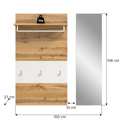Rootz Panel with Mirror - Hallway Organizer - Entryway Storage - Functional & Stylish - Wotan Oak Replica - 90x106x27 cm