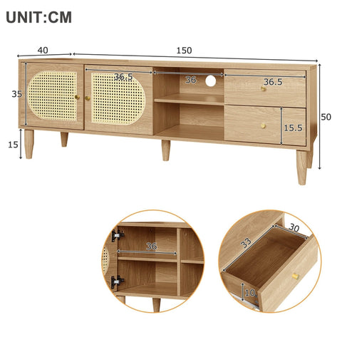 Rootz Oak Effect Rattan TV Cabinet - Entertainment Unit - Media Console - Adjustable Shelves - 150L x 40W x 50H cm