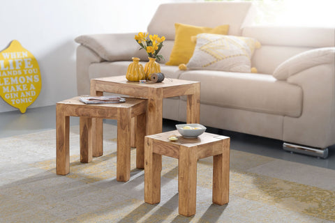 Rootz 3 Piece Set Nesting Tables - Solid Wood - Acacia - Handmade - Space-Saving - Unique Grain - 45cm x 50cm x 36cm