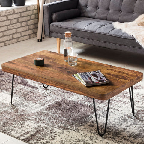 Rootz Modern Coffee Table - Rectangular Table - Sheesham Wood - Metal Legs - Impressive Grain - Warm Atmosphere - Handmade - 115cm x 40cm x 60cm