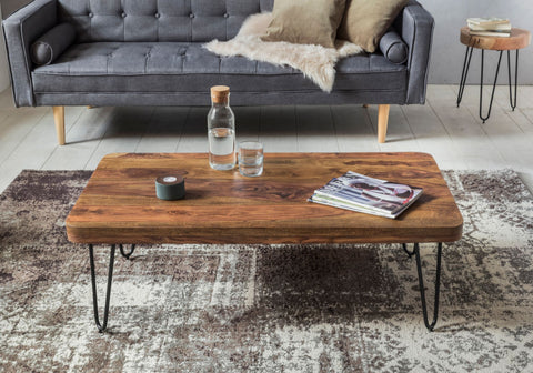Rootz Modern Coffee Table - Rectangular Table - Sheesham Wood - Metal Legs - Impressive Grain - Warm Atmosphere - Handmade - 115cm x 40cm x 60cm