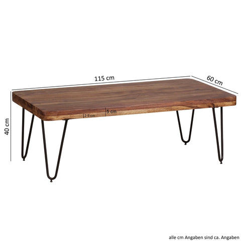 Rootz Modern Coffee Table - Rectangular Table - Sheesham Wood - Metal Legs - Impressive Grain - Warm Atmosphere - Handmade - 115cm x 40cm x 60cm