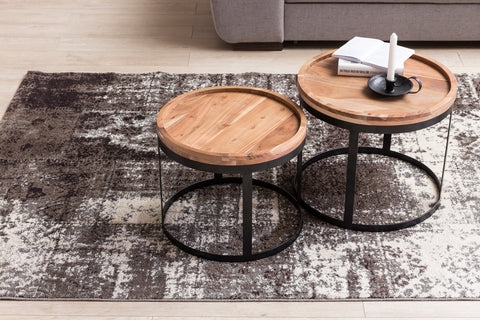 Rootz 2 Piece Set Side Tables - Living Room Tables - Round Table Tops - Metal Base - Modern Design - Handcrafted Acacia Wood - 53cm x 45cm x 53cm / 48cm x 40cm x 48cm - Unique Grain - Easy to Clean - Stylish Ambience