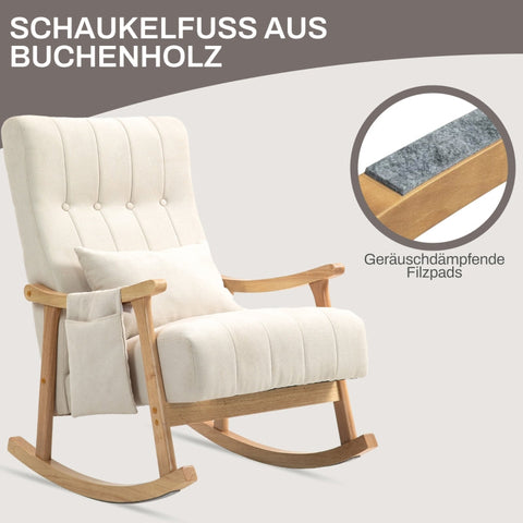 Rootz Rocking Chair - Nursing Chair - Relaxation Chair - Beige Linen Look - Wide Seat - Soft Padding - Beech Frame - 65cm x 90cm x 98cm
