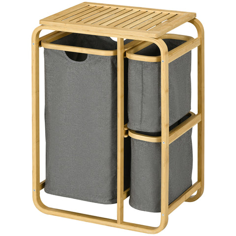 Rootz Bamboo Laundry Basket - Clothes Hamper - Storage Organizer - 3 Pull-Out Bags - 49W x 33D x 70H cm - Grey, Brown