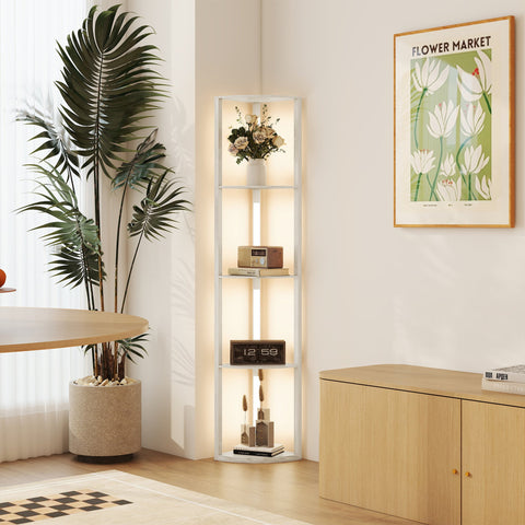 Rootz LED Floor Lamp Brown- Corner Shelf Light - Dimmable Standing Lamp - 4-Tier Storage - Warm White - 41x30x164cm - Space-Saving Design