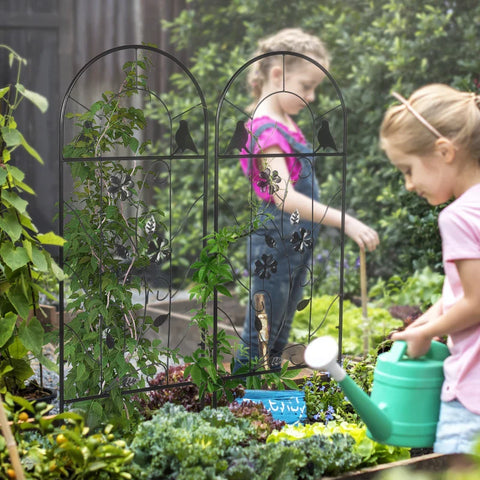 Rootz Set of 2 Garden Metal Trellis - Bird and Clover Decoration - Garden & Patio - Black - 38 x 98 cm