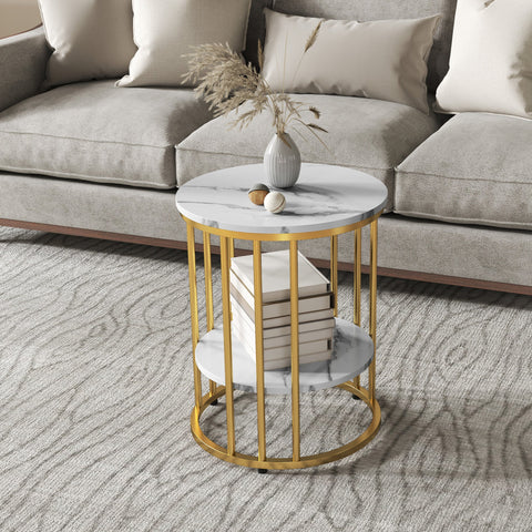 Rootz 2 Piece Set Round Side Table - Coffee Tables - Marble Look - Double Storage Space - Ø45 x 55H cm & Ø40 x 50.5H cm