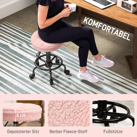 Rootz Height-Adjustable Pink Roll Stool - Rotating Stool - Work Chair - 360° Rotatable Base - Luxurious Comfort - Ø50 x 50-66 cm