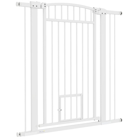 Rootz Pet Protection Fence - Pet Barrier - Safety Gate - Durable Steel - Adjustable Width 76-104cm with Cat Door, White