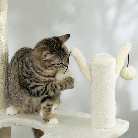 Rootz Cat Tree - Scratching Post - Cat Bed - Interactive Toys - Sisal Posts - Cozy Bed - Sturdy and Durable - 48cm x 48cm x 91cm Cream White