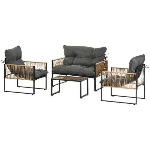 Rootz Garden Furniture Set - 4 Pieces - Sofa - 2 Chairs - Table - Glass Top - Seat Cushions - PE Rattan-polyester-steel - Anthracite-brown - 106 x 70D x 72H cm