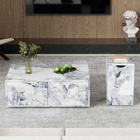 Rootz Marble Pattern Coffee Table Set - Coffee Table - Accent Tables - Versatile Design with Storage - 100x33.5x70cm & 32x32x50cm