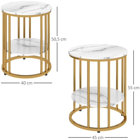 Rootz 2 Piece Set Round Side Table - Coffee Tables - Marble Look - Double Storage Space - Ø45 x 55H cm & Ø40 x 50.5H cm