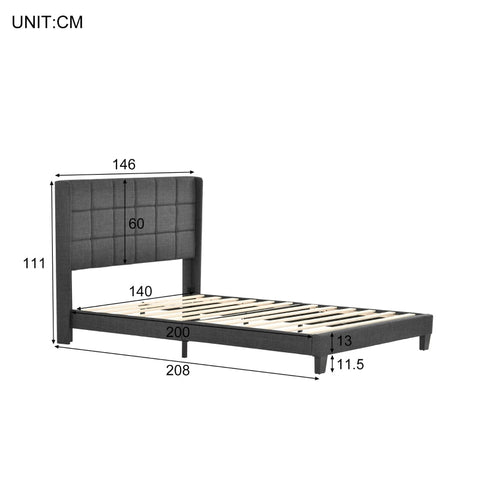 Rootz Double Bed with Headboard - Gray Double Bed - Padded Headboard Bed - Pocket Spring Mattress - 146L x 208W x 111H cm