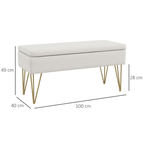 Rootz Bed Bench with Storage Space - Bedroom Bench - Ottoman - Cream Fabric - Gold Hairpin Legs - 100cm x 40cm x 49cm