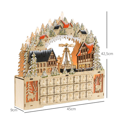 Rootz Festive Magical Christmas Advent Calendar - Wooden Village - LED Lights - 24 Day Countdown - MDF - 45cm x 9cm x 42.5cm