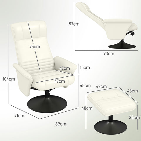 Rootz Recliner & Stool Set - TV Armchair - Swivel Chair - Ergonomic Comfort - White - 69L x 71W x 104H cm