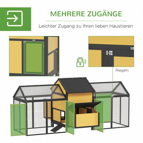 Rootz Small Animal Chicken Coop - Poultry Stable - Weatherproof Yellow Enclosure - Predator Protection - 247cm x 125cm x 113.5cm