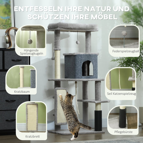 Rootz 52" Cat Tree - Activity Scratching Post - Play Center - Sisal for Claw Care - 55L x 44W x 132H cm - Grey
