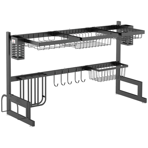 Rootz 2 Level Black Dish Drainer - Drying Rack - Dish Organizer - Modular Design - 93cm x 30cm x 52.5cm Steel