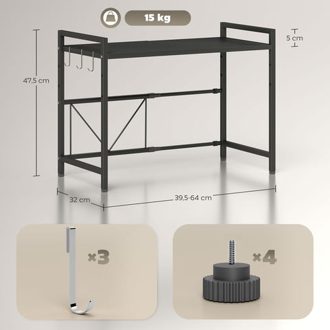 Rootz Microwave Shelf - Kitchen Organizer - Extendable Rack - Space-Saving - Metal - 39.5-64 x 32 x 47.5 cm - Black