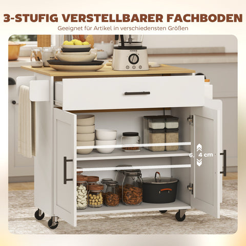 Rootz Kitchen Island - Kitchen Trolley - Rolling Cart - Foldable Worktop - Maximizes Space - 120 x 68 x 85 cm - White/Brown