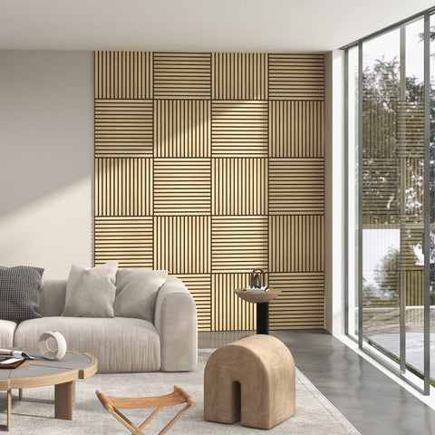 Rootz Acoustic Panels - Soundproofing Panels - Natural Wood Design - DIY Slat Wall - Noise Reduction - MDF & PET - 60cm x 60cm x 2.1cm