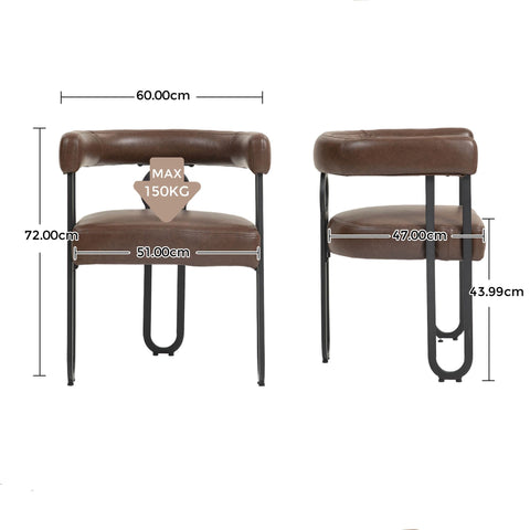 Rootz Set of 2 PU Leather Dining Chairs - Round Back - Modern Stylish - Luxurious Comfort - 60cm x 47cm x 72cm