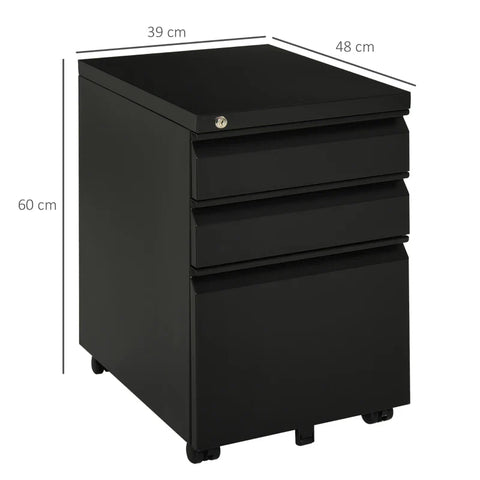 Rootz Rolling Container - Filing Cabinet - 3 Drawers - 5 Wheels - Hanging File - Lockable - Steel - Black - 39 x 48 x 60 cm