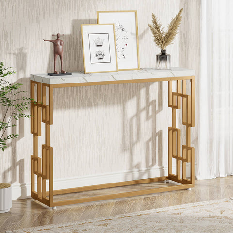 Rootz Gold Console Table - Entryway Table - Sofa Table - Easy-to-Clean Faux Marble - 30 cm D x 107.99 cm W x 80 cm H