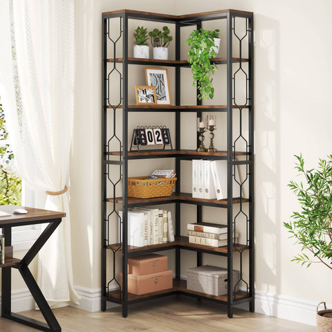 Rootz 7-Tier Corner Shelf - Space-Saving Bookcase - Hexagonal Storage Unit - Enhances Organization - 60cm D x 60cm W x 200cm H