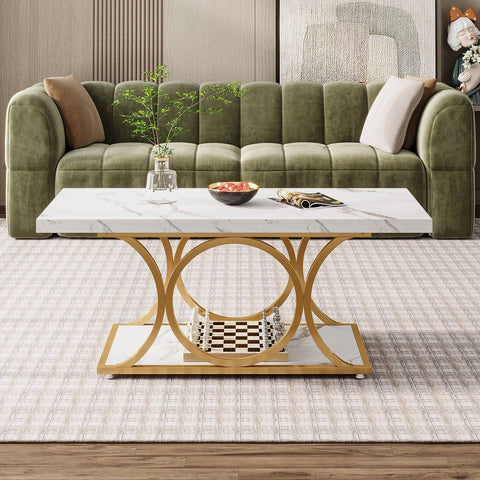 Rootz Chic Modern Coffee Table - 2-Tier Coffee Table - Faux Marble Table - Luxurious Design - 120cm L x 50cm W x 48cm H