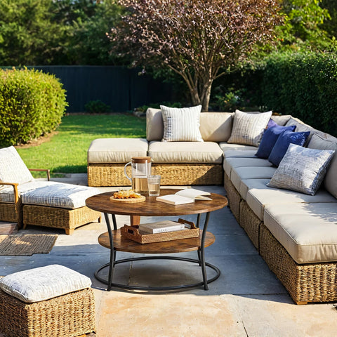 Rootz Round Coffee Table - Sofatic with Shelf - Living Room Table - Durable Wooden Chipboard & Steel - 80cm x 45cm