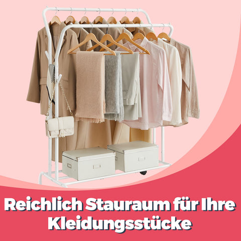 Rootz Clothing Rack on Rolls - Clothes Sticks - Cloakroom Rod - Steel, 100kg Capacity - 52.5x103.5x155cm, White