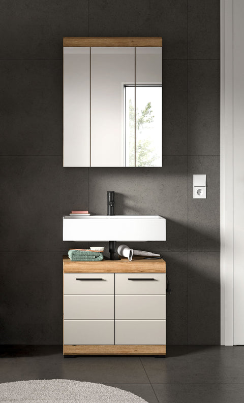 Rootz Bathroom Combo - Vanity Unit - Mirror Cabinet - Space-Saving - 60x191x34cm Evoak Oak & Cashmere Imitation